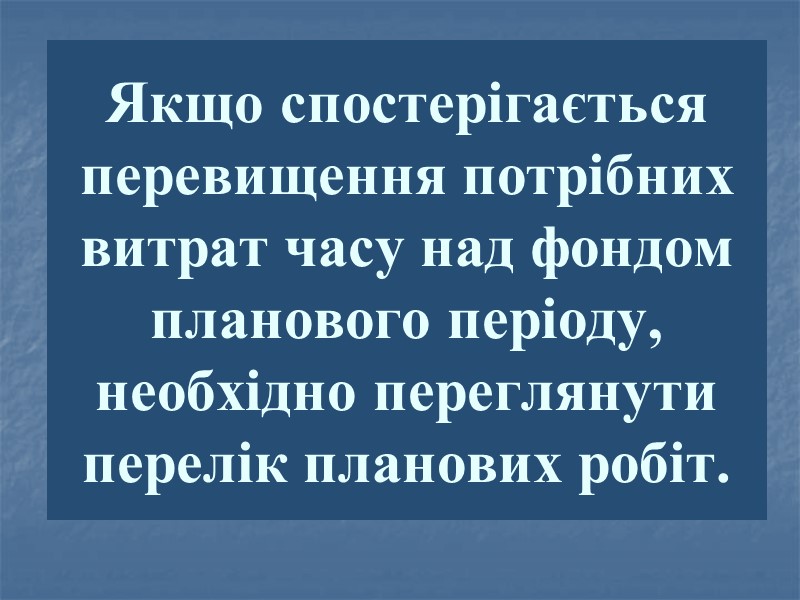 Якщо спостерігається перевищення потрібних витрат часу над фондом пла­нового періоду, необхідно переглянути перелік планових